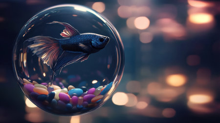 A mesmerizing goldfish gracefully swims inside a transparent bubble, surrounded by colorful pebbles, with a beautifully blurred background that enhances the serene atmosphere.の素材