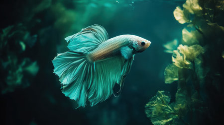 A vibrant betta fish gracefully glides through a lush underwater landscape, surrounded by delicate greenery. This serene scene captures the beauty of aquatic life.の素材