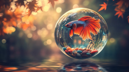 A beautiful betta fish swims gracefully inside a crystal sphere filled with colorful pebbles, creating a serene and magical atmosphere amidst a soft, natural background.の素材
