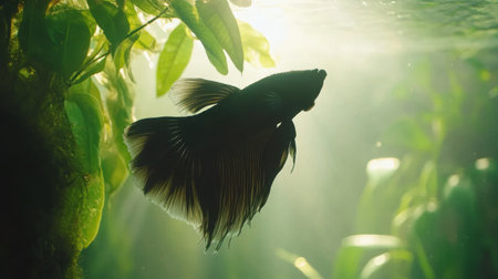 A stunning silhouette of a betta fish gracefully swimming amidst serene aquatic plants, with sunlight filtering through the water. Perfect for nature lovers.の素材