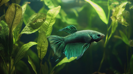 A striking betta fish glides gracefully through a rich underwater landscape filled with lush green plants, showcasing vibrant colors and serene beauty.の素材