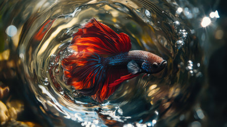 A stunning close-up of a vibrant betta fish swimming through clear water, surrounded by bubbles and capturing the beauty of aquatic life in motion.の素材