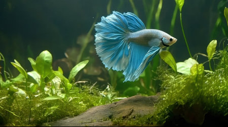 A stunning portrait of a betta fish swimming gracefully through a lush underwater landscape, showcasing vibrant blue colors against rich greenery.の素材
