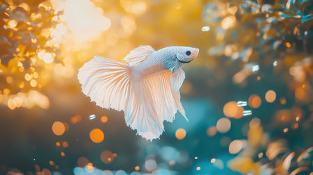 This captivating image features a betta fish gliding gracefully through a tranquil setting, surrounded by soft bokeh lights that enhance its vibrant colors.の素材