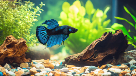 A stunning betta fish glides through a lush aquarium environment, showcasing its vibrant colors and graceful movements amidst rocks and green plants.の素材