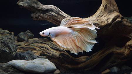 A stunning betta fish glides gracefully in a natural aquarium environment, showcasing its colorful fins against the backdrop of driftwood and stones.の素材