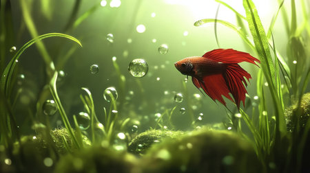 A captivating scene featuring a striking red betta fish amidst lush aquatic plants and bubbles, creating a serene and peaceful underwater environment.の素材
