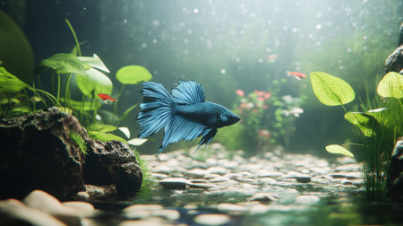A captivating scene depicting a vibrant blue betta fish gracefully swimming through a serene underwater environment, surrounded by lush greenery and stones, creating a harmonious aquatic setting.の素材
