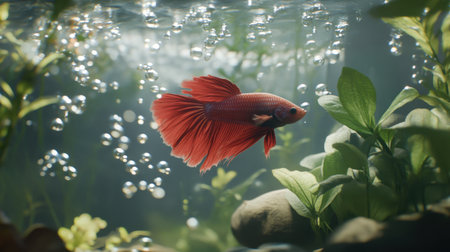 A stunning image of a vibrant red betta fish swimming gracefully among lush aquatic plants in a clear aquarium, creating a serene underwater scene.の素材