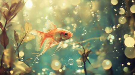 A beautiful goldfish gracefully swims through a serene underwater environment, surrounded by delicate bubbles and lush vegetation, embodying tranquility.の素材