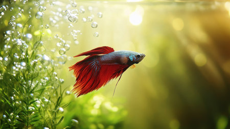 This enchanting image captures a vibrant betta fish gliding through clear water, surrounded by bubbles and lush greenery, showcasing underwater beauty.の素材