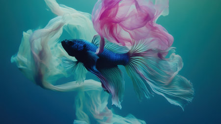 A stunning blue fish gracefully swims among ethereal silk fabric in soft pink and cream hues, creating a mesmerizing and artistic underwater scene.の素材