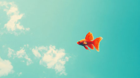 A stunning image of a vibrant orange goldfish swimming gracefully in a clear blue sky dotted with fluffy clouds. This captivating scene symbolizes freedom and beauty.の素材