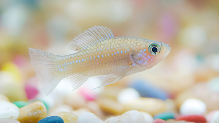 This vibrant freshwater fish glides gracefully through a clear aquatic environment, showcasing its delicate fins and scales against a backdrop of colorful pebbles.の素材