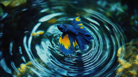 A striking blue betta fish displays its colorful fins as it swims through calming water, creating ripples in a tranquil aquatic setting.の素材