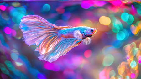 This stunning image features a vibrant betta fish swimming gracefully against a beautifully blurred background filled with colors. The lively bokeh effect enhances the whimsical underwater scene, showcasing the fish's intricate fin details and vibrant colors. Perfect for nature and pet themes!の素材