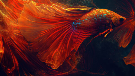 A stunning betta fish gliding gracefully through dark waters, displaying vibrant colors and flowing fins, creating a mesmerizing and tranquil underwater scene.の素材