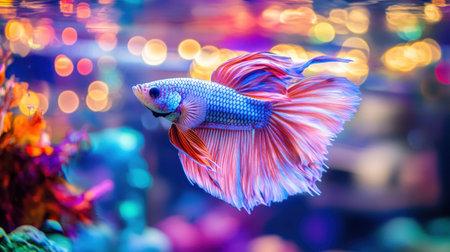 A stunning betta fish showcases its vibrant colors while swimming gracefully in an aquarium. The soft glowing lights and colorful decorations enhance this underwater scene, creating a serene atmosphere perfect for aquatic enthusiasts.の素材