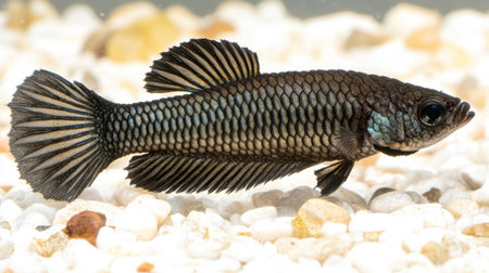 This enchanting photograph captures a black fish gracefully swimming over smooth pebbles in crystal-clear water, showcasing its intricate scales and fins.の素材