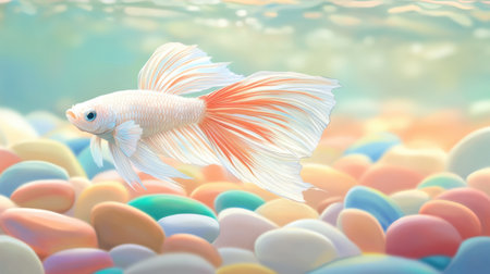 An exquisite betta fish gracefully glides through a vibrant underwater scene filled with colorful pebbles, showcasing the beauty of aquatic life.の素材