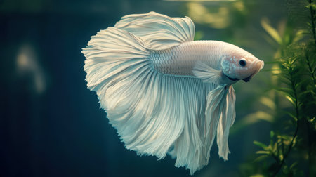 This mesmerizing image captures a stunning white betta fish gliding gracefully through a freshwater aquarium, surrounded by lush greenery.の素材