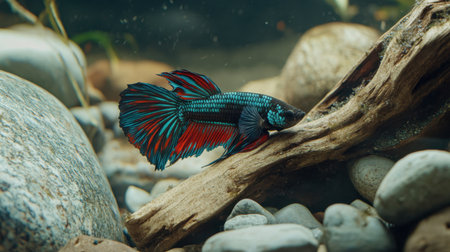 A vibrant betta fish gracefully swims among smooth stones and driftwood, showcasing its stunning colors and fins in a serene underwater habitat.の素材