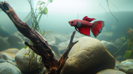 A stunning red betta fish gracefully swims through its natural environment, surrounded by smooth rocks and lush aquatic plants in clear water.の素材