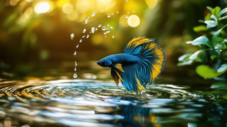 A stunning image of a colorful betta fish leaping from the water's surface, creating splashes and bubbles against a vivid bokeh backdrop, capturing a moment of lively elegance.の素材