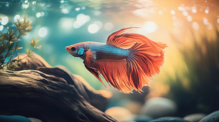 This image captures a stunning betta fish gliding through a peaceful aquatic habitat, showcasing its vivid colors and graceful movement in soft, natural light.の素材