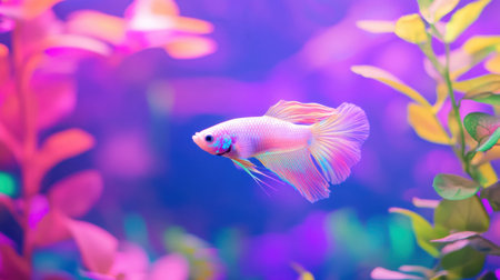 A stunning image featuring a colorful betta fish gliding through a vibrant underwater world filled with neon-lit aquatic plants. The scene captures the serene beauty of freshwater life.の素材