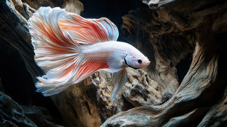 This stunning image captures an elegant betta fish moving gracefully through an underwater scene with natural driftwood, showcasing vibrant colors and intricate fin details.の素材