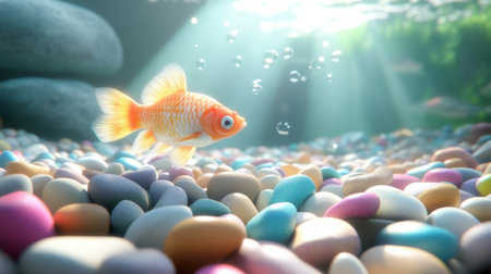 This captivating underwater scene showcases a vibrant goldfish swimming gracefully among colorful pebbles, illuminated by gentle rays of sunlight.の素材