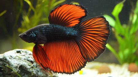 This stunning betta fish showcases vibrant orange and blue fins, gracefully swimming in a freshwater aquarium surrounded by green plants, creating a serene atmosphere.の素材