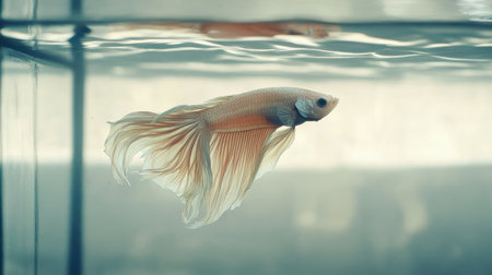 A stunning betta fish swims elegantly in clear water, showcasing its vibrant colors and flowing fins. The soft light creates a serene atmosphere, highlighting the fish's beauty and grace.の素材