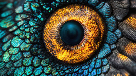 This stunning close-up showcases the intricate patterns and vibrant colors of a bird's feather and eye detail. The vivid hues and textures capture the essence of nature's artistry.の素材
