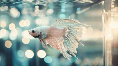 A stunning Siamese fighting fish showcasing its long, flowing fins while swimming gracefully in a tranquil aquarium setting, surrounded by soft bokeh.の素材