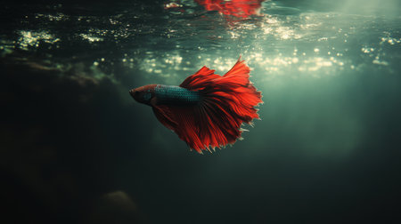 This stunning image captures a vibrant betta fish as it swims gracefully through dim waters, illuminated by soft light reflections, creating a tranquil scene.の素材