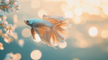 A stunning betta fish gracefully swims through serene blue waters. Soft natural light enhances the vibrant colors, creating a peaceful and captivating scene.の素材