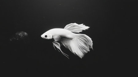 A stunning white betta fish glides gracefully through a dark aquatic setting, showcasing its beautiful fins and serene presence, perfect for aquatic-themed projects.の素材