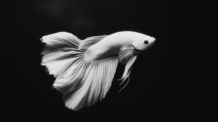 A stunning monochrome image of an elegant white betta fish gliding gracefully through a black water background, showcasing its delicate fins and serene beauty.の素材