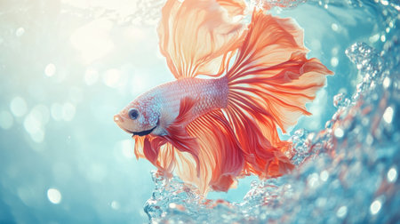 A stunning goldfish elegantly swims through clear blue water, surrounded by floating bubbles and vibrant colors, creating a serene underwater atmosphere.の素材