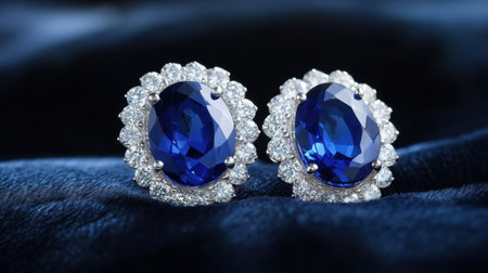 A pair of exquisite sapphire and diamond stud earrings displayed on a luxurious velvet backdrop, showcasing intricate craftsmanship and dazzling beauty.の素材