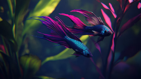 Two stunning betta fish swim elegantly through a lush underwater environment filled with vibrant aquatic plants, showcasing the beauty of nature.の素材