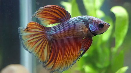 A stunning betta fish displays its vibrant colors and elegant fins in a home aquarium, showcasing the beauty of aquatic life and tranquility.の素材