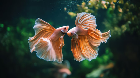 This stunning underwater image captures two elegant orange betta fish swimming amidst lush greenery, showcasing their vibrant colors and delicate fins.の素材