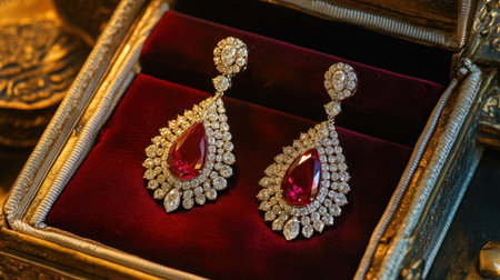 Stunning ruby and diamond earrings are displayed in a vintage jewelry box on plush velvet. The intricate design showcases elegance and luxury.の素材