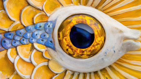 A stunning close-up of a painted fish eye showcasing vibrant colors and intricate textures, highlighting the beauty of aquatic life and artistic creativity.の素材