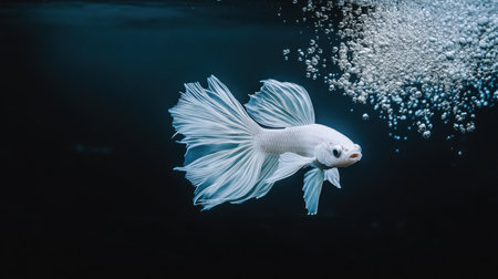 A captivating image of a beautiful white betta fish swimming gracefully through bubbles in a dark aquarium, showcasing its elegant fins and unique charm.の素材