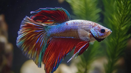 A vibrant betta fish gliding gracefully through clear water, showcasing its stunning colors and intricate fin designs amidst lush greenery.の素材