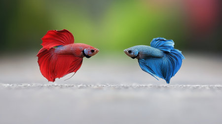 This vibrant image features two betta fish, one red and one blue, swimming gracefully, showcasing their colorful fins and dynamic beauty in an aquatic setting.の素材